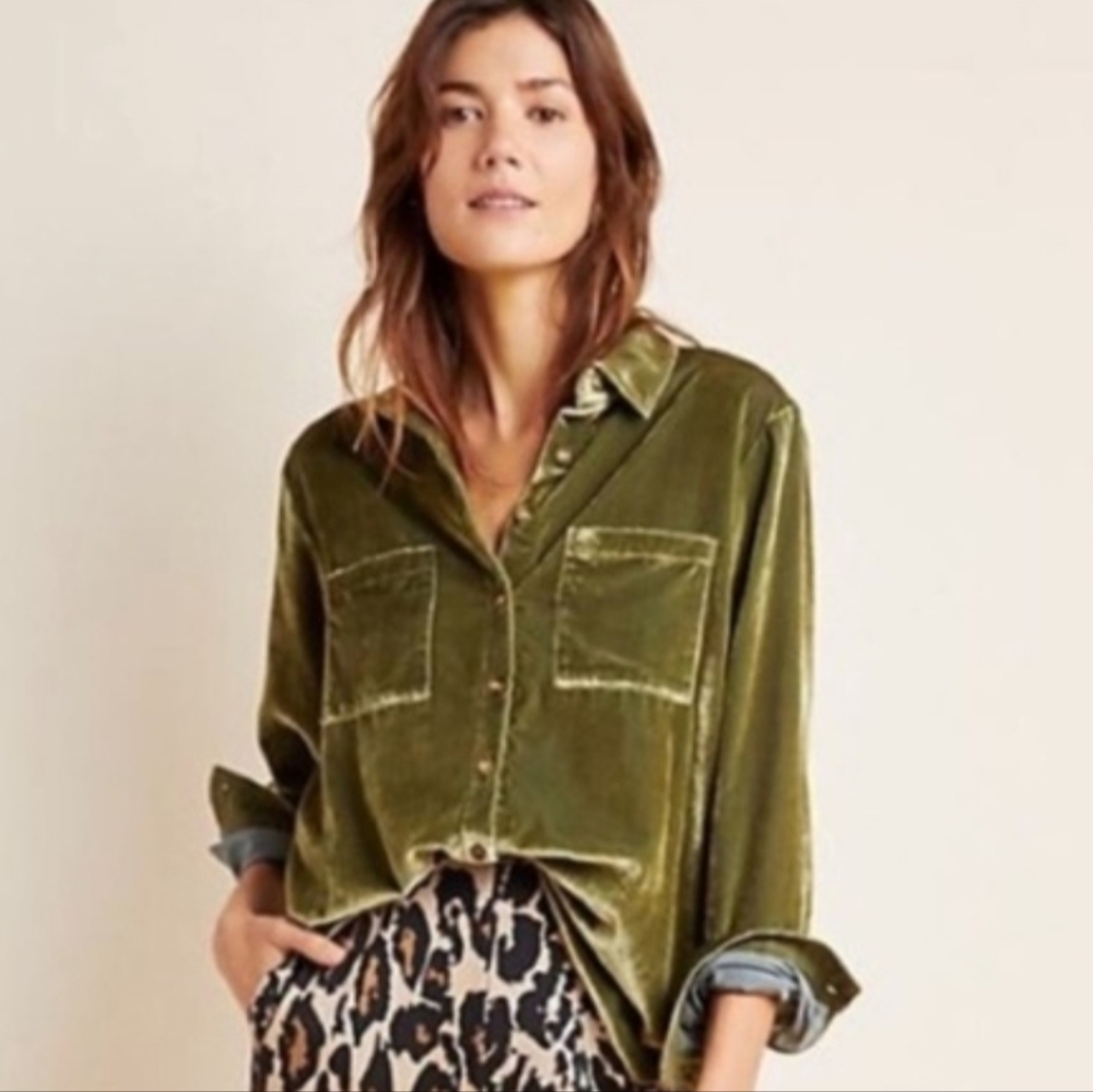 Anthropologie Maeve Karina Velvet Button down Shirt In Green